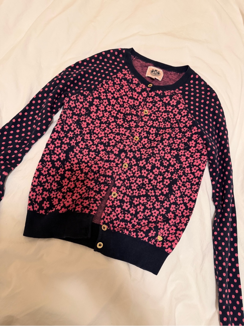 Juicy Couture Floral & Polka Dot Knit Cardigan in Navy & Pink XL